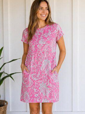 J. McLaughlin Pink Paisley Silk Dress Size M Shift A-Line Pockets Preppy Resort